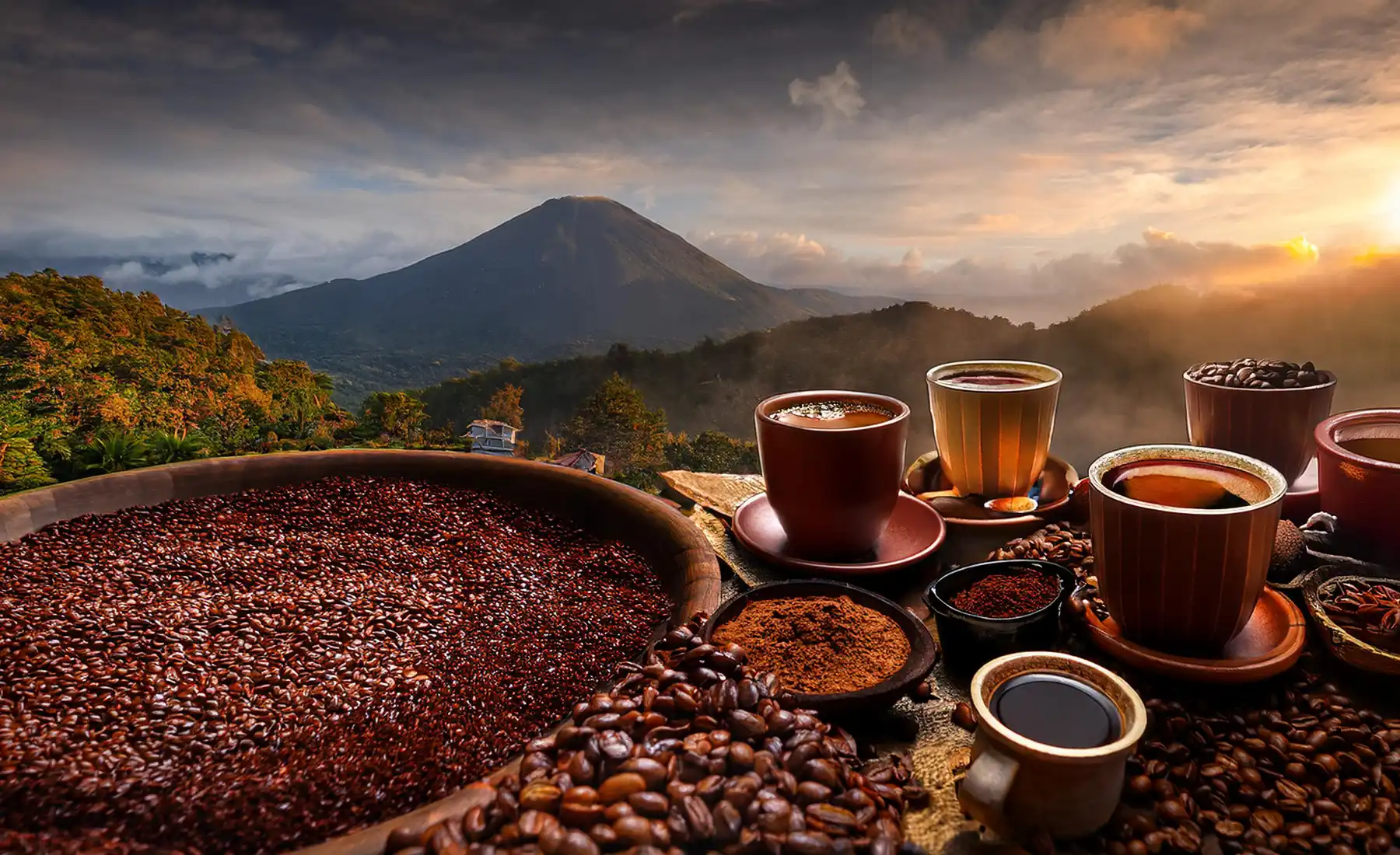 Una taza de café premium rodeada de granos de café